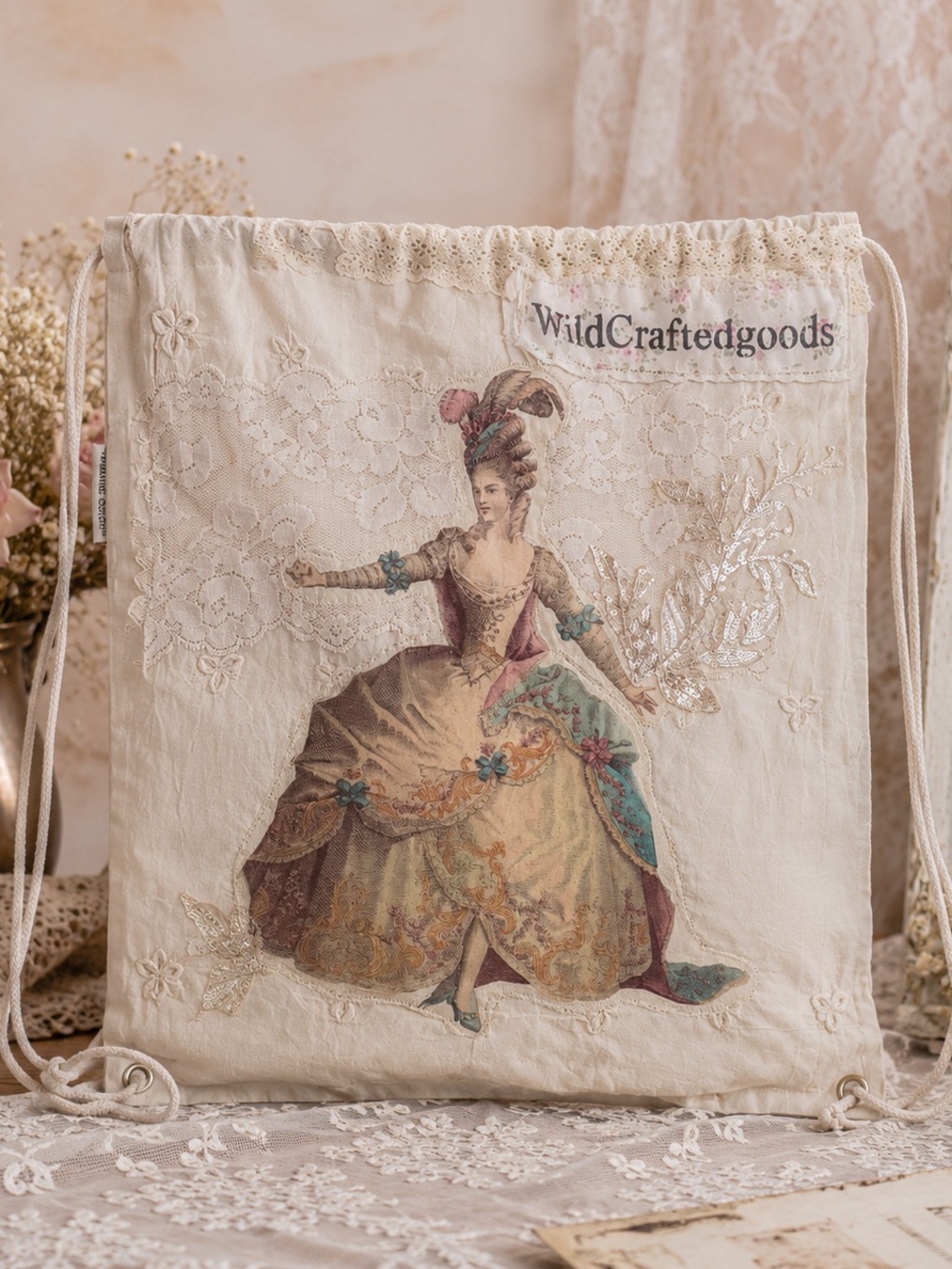 OOAK Upcycled Cream Drawstring Tote Bag
